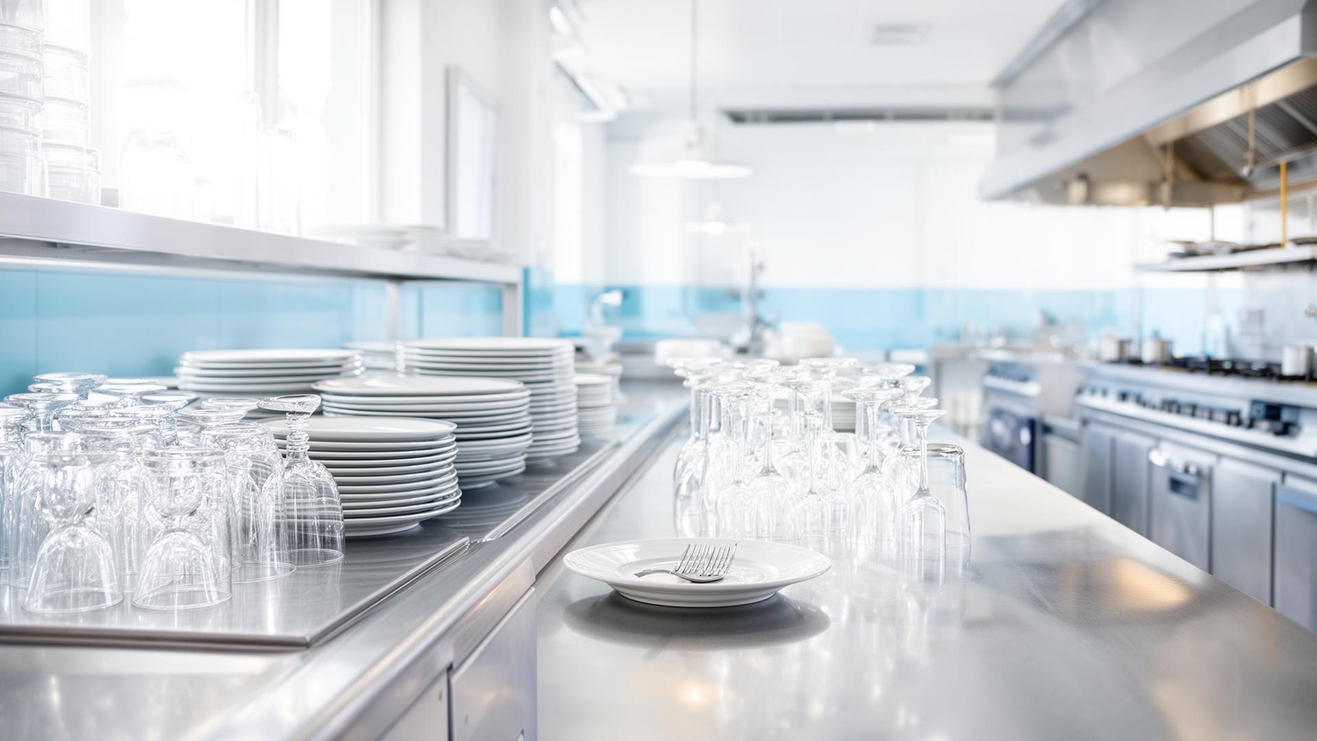 Pristine commercial kitchen with stacks of clean dishes and glassware